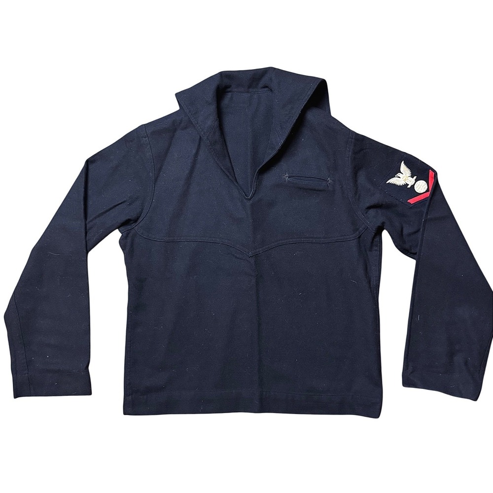 Vintage US Navy Wool Sailor Jumper Navy Blue Military Uniform Top Patch 21x24